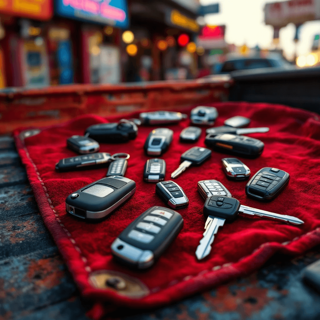 Variedad de llaves y equipamiento profesional de cerrajería automotriz